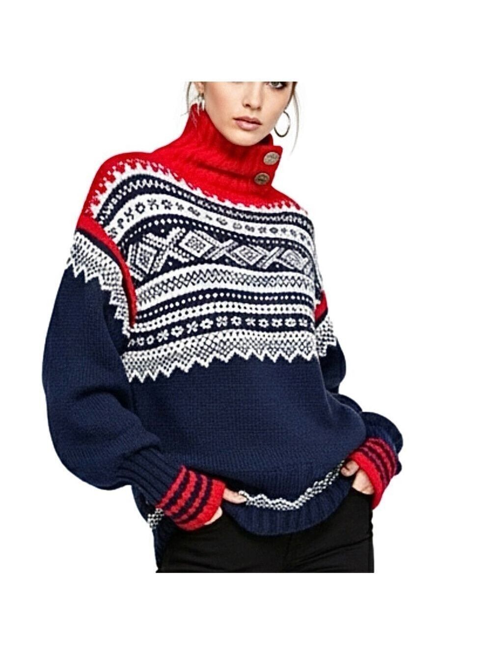 Vtg hand knit red white blue fair isle drop shoulder turtleneck ski sweater S